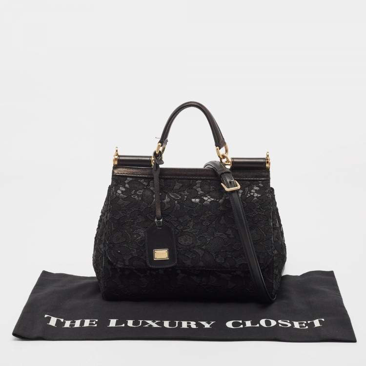 Pre Owned Dolce & Gabbana Black Leather and Lace Medium Miss Sicily Top Handle Bag