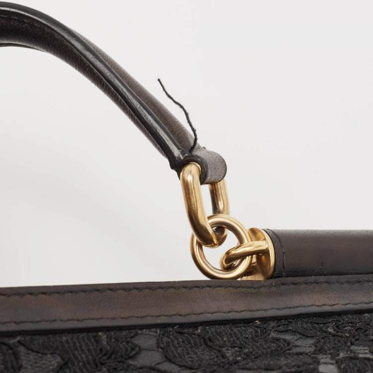 Pre Owned Dolce & Gabbana Black Leather and Lace Medium Miss Sicily Top Handle Bag