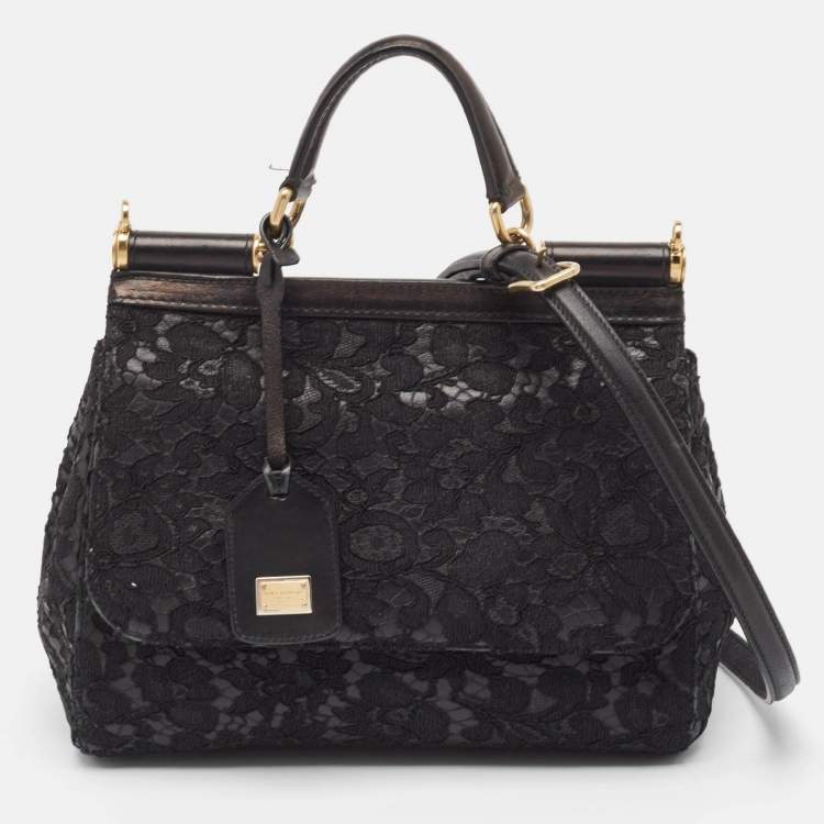 Pre Owned Dolce & Gabbana Black Leather and Lace Medium Miss Sicily Top Handle Bag