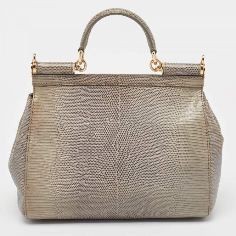 Pre Owned Dolce & Gabbana Grey Lizard Embossed Leather Medium Miss Sicily Top Handle Bag