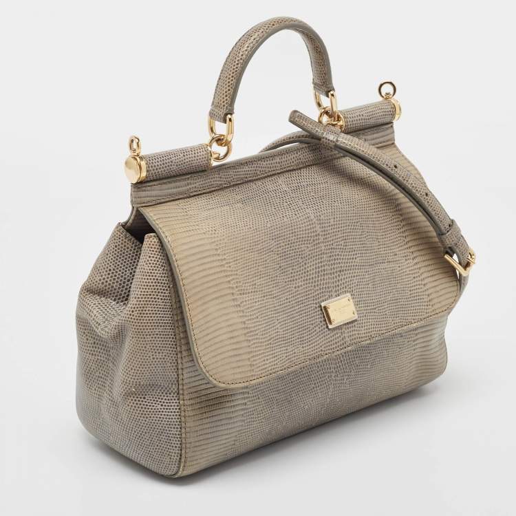 Pre Owned Dolce & Gabbana Grey Lizard Embossed Leather Medium Miss Sicily Top Handle Bag