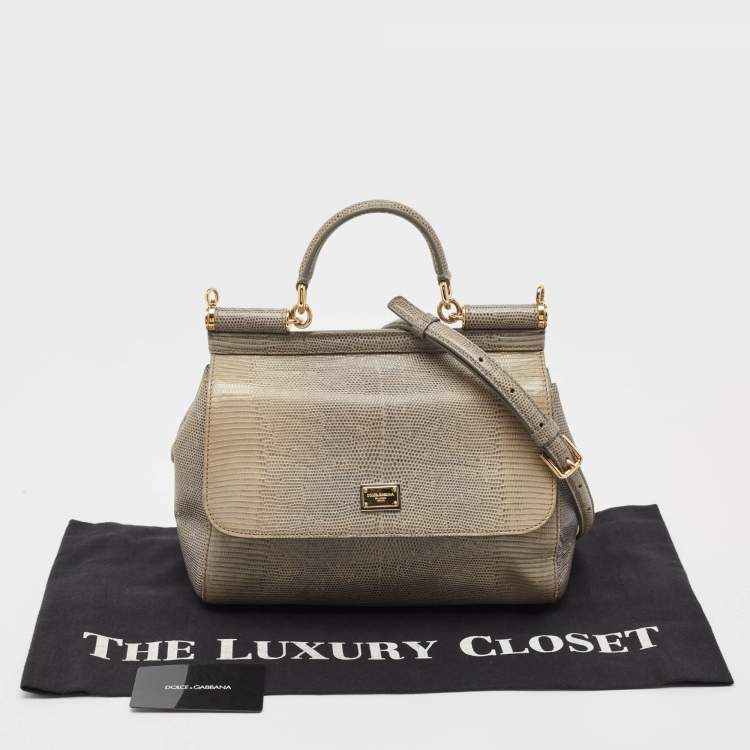 Pre Owned Dolce & Gabbana Grey Lizard Embossed Leather Medium Miss Sicily Top Handle Bag