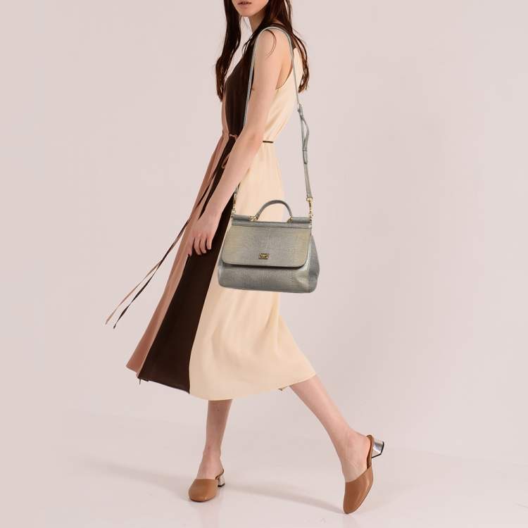 Pre Owned Dolce & Gabbana Grey Lizard Embossed Leather Medium Miss Sicily Top Handle Bag