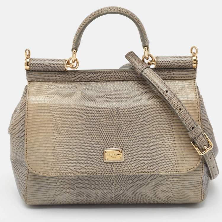 Pre Owned Dolce & Gabbana Grey Lizard Embossed Leather Medium Miss Sicily Top Handle Bag