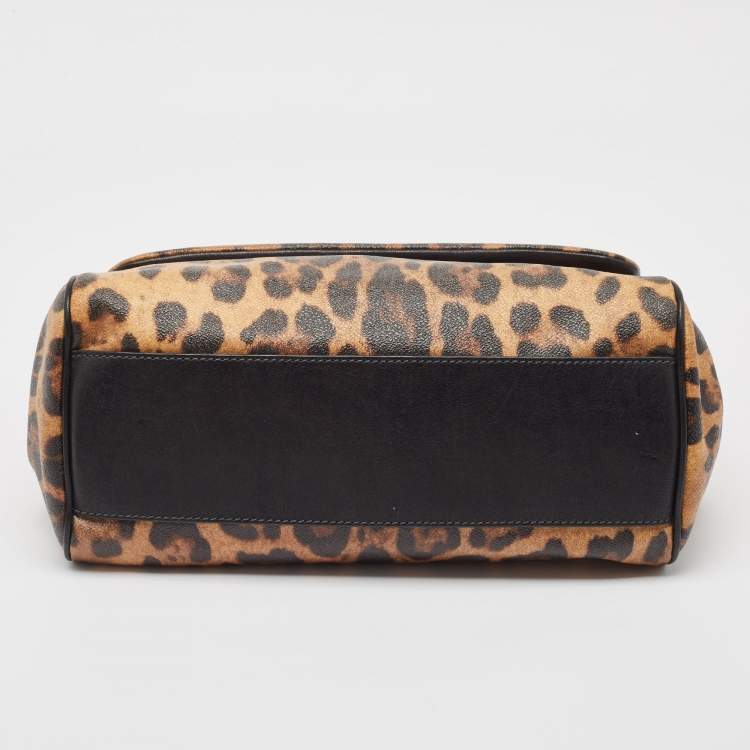 Pre Owned Dolce & Gabbana Black/Brown Leopard Print Coated Canvas and Leather Large Miss Sicily Top Handle Bag 