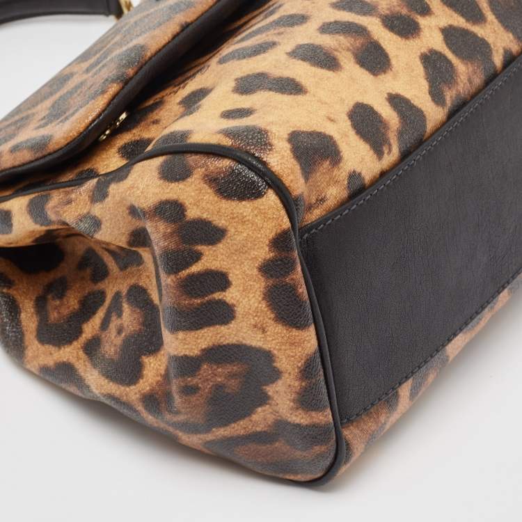 Pre Owned Dolce & Gabbana Black/Brown Leopard Print Coated Canvas and Leather Large Miss Sicily Top Handle Bag 