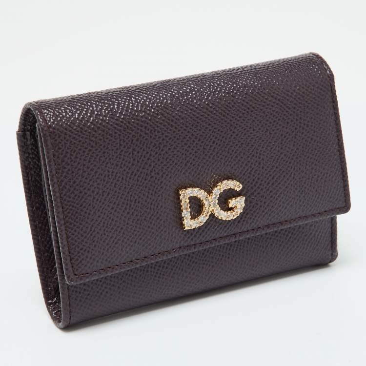 Pre Owned Dolce & Gabbana Burgundy Leather DG Crystals Trifold Wallet