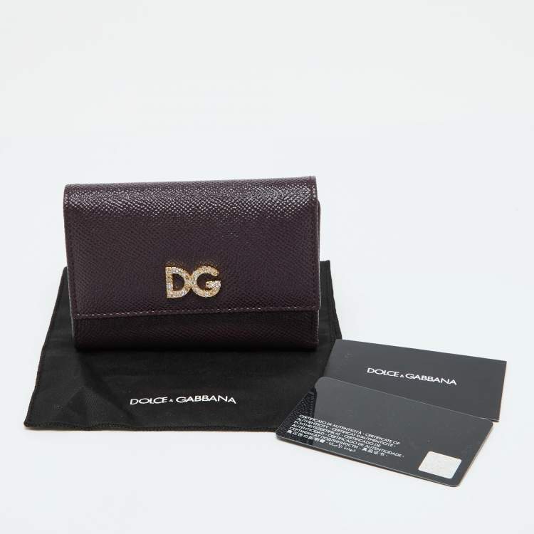 Pre Owned Dolce & Gabbana Burgundy Leather DG Crystals Trifold Wallet