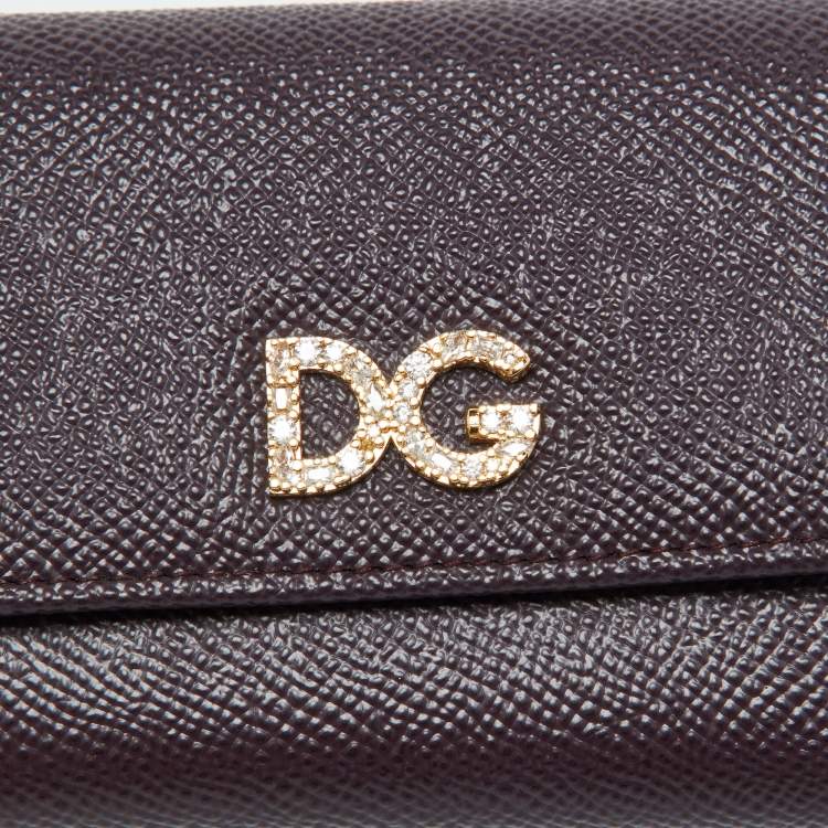 Pre Owned Dolce & Gabbana Burgundy Leather DG Crystals Trifold Wallet