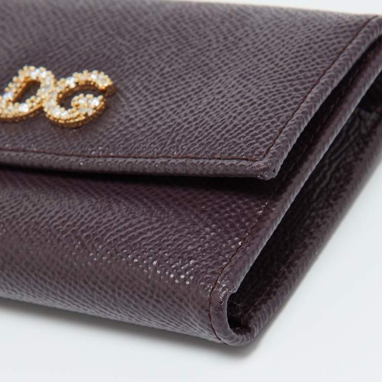 Pre Owned Dolce & Gabbana Burgundy Leather DG Crystals Trifold Wallet