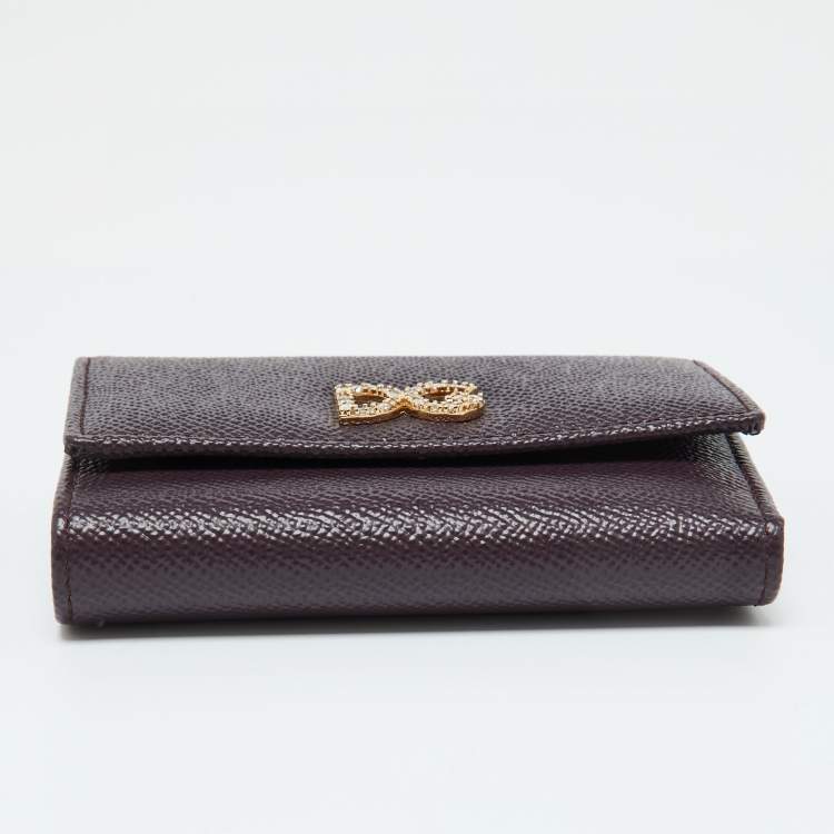 Pre Owned Dolce & Gabbana Burgundy Leather DG Crystals Trifold Wallet
