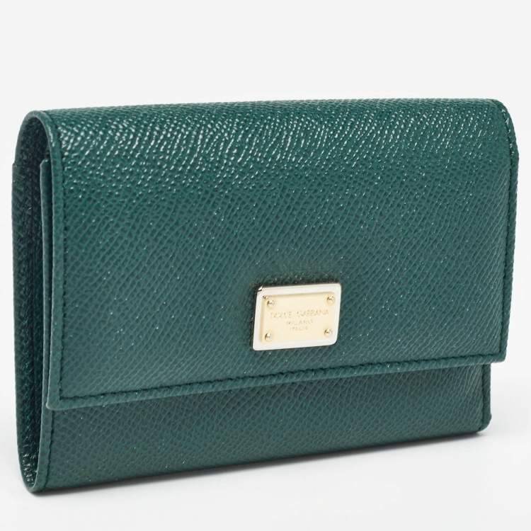 مملوكة مسبقًا Dolce & Gabbana Green Leather Logo Plaque Trifold Wallet