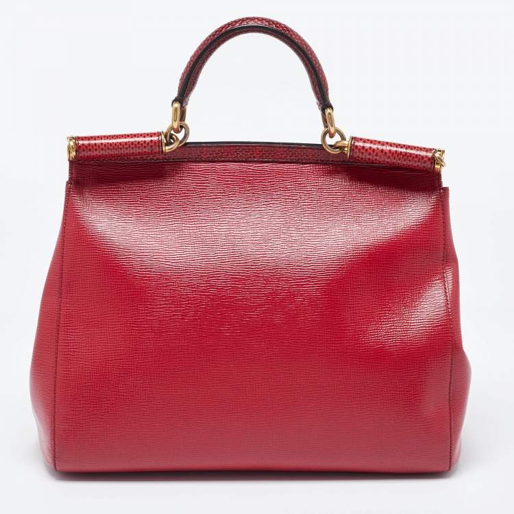 Pre Owned Dolce & Gabbana Red Watersnake and Leather Large Miss Sicily Top Handle Bag
