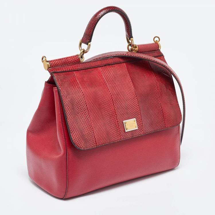 Pre Owned Dolce & Gabbana Red Watersnake and Leather Large Miss Sicily Top Handle Bag