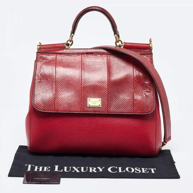 Pre Owned Dolce & Gabbana Red Watersnake and Leather Large Miss Sicily Top Handle Bag