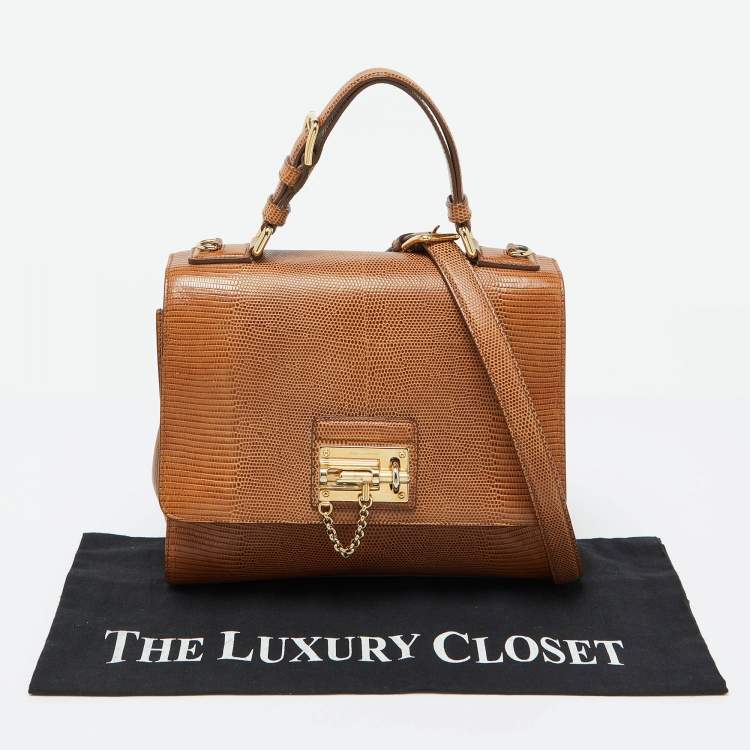 Pre Owned Dolce & Gabbana Brown Lizard Embossed Leather Medium Miss Monica Top Handle Bag