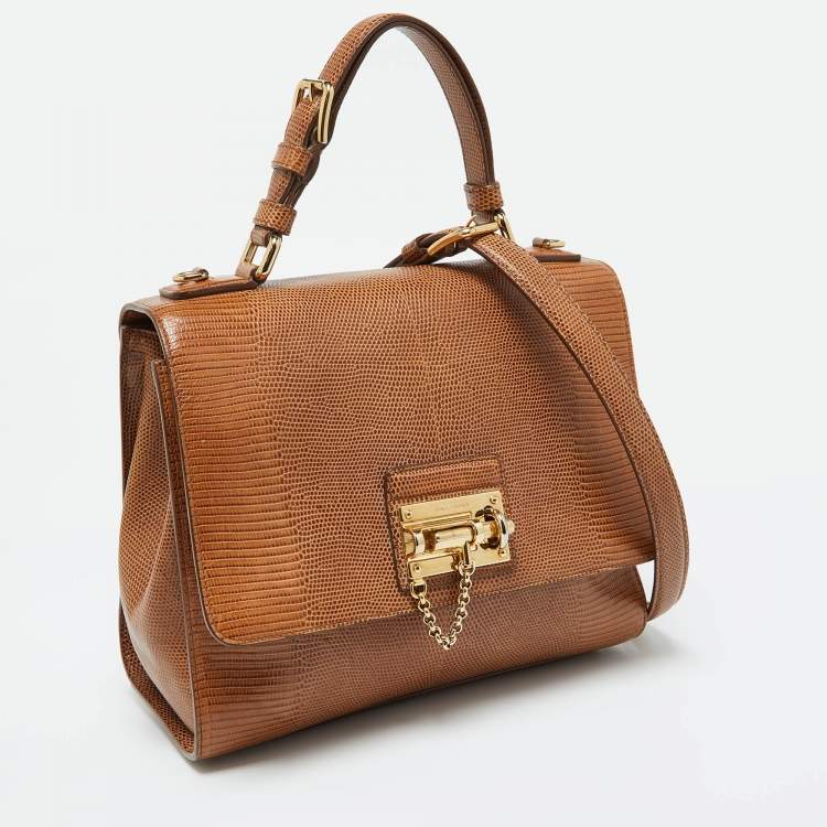 Pre Owned Dolce & Gabbana Brown Lizard Embossed Leather Medium Miss Monica Top Handle Bag