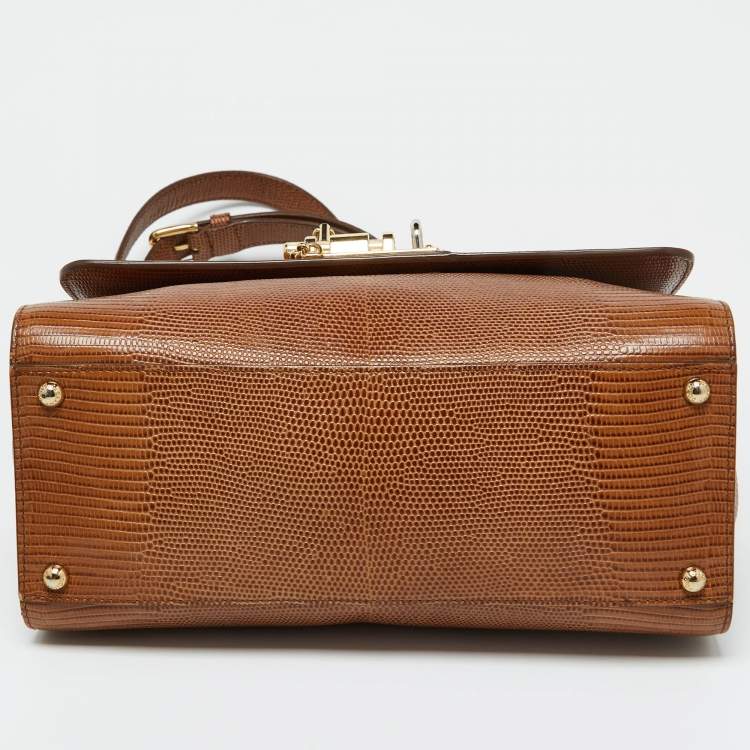 Pre Owned Dolce & Gabbana Brown Lizard Embossed Leather Medium Miss Monica Top Handle Bag
