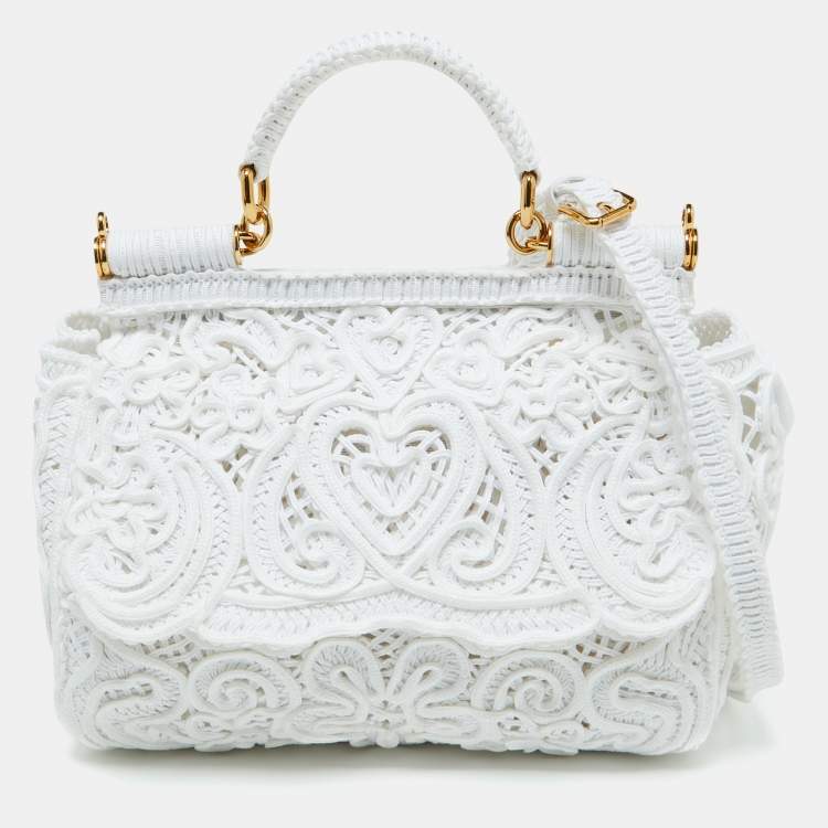 Pre Owned Dolce & Gabbana White Fabric Cordonetto Lace Medium Sicily Cordonetto Top Handle Bag