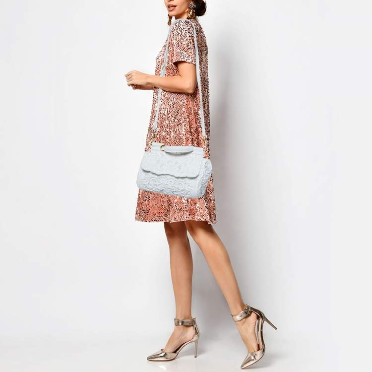 Pre Owned Dolce & Gabbana White Fabric Cordonetto Lace Medium Sicily Cordonetto Top Handle Bag