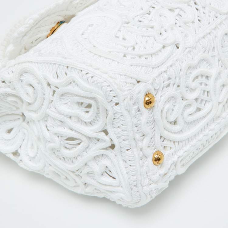 Pre Owned Dolce & Gabbana White Fabric Cordonetto Lace Medium Sicily Cordonetto Top Handle Bag