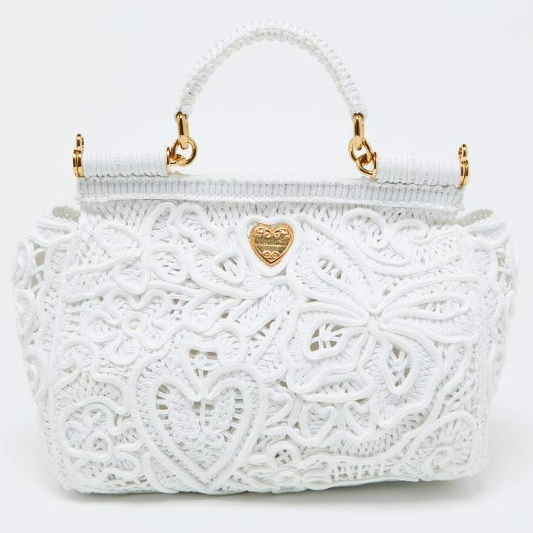 Pre Owned Dolce & Gabbana White Fabric Cordonetto Lace Medium Sicily Cordonetto Top Handle Bag