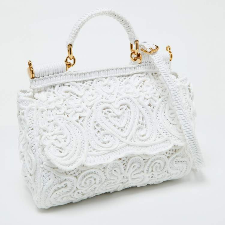 Pre Owned Dolce & Gabbana White Fabric Cordonetto Lace Medium Sicily Cordonetto Top Handle Bag
