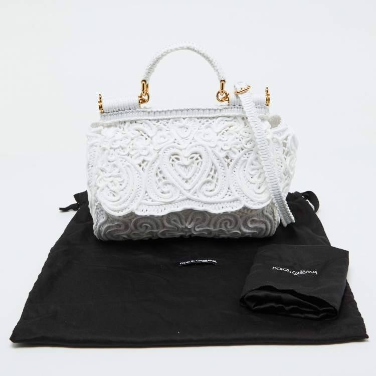 Pre Owned Dolce & Gabbana White Fabric Cordonetto Lace Medium Sicily Cordonetto Top Handle Bag