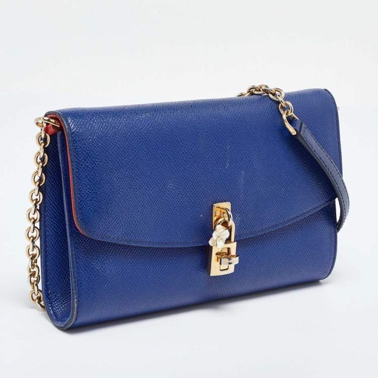 Pre Owned Dolce & Gabbana Blue Leather Padlock Chain Shoulder Bag