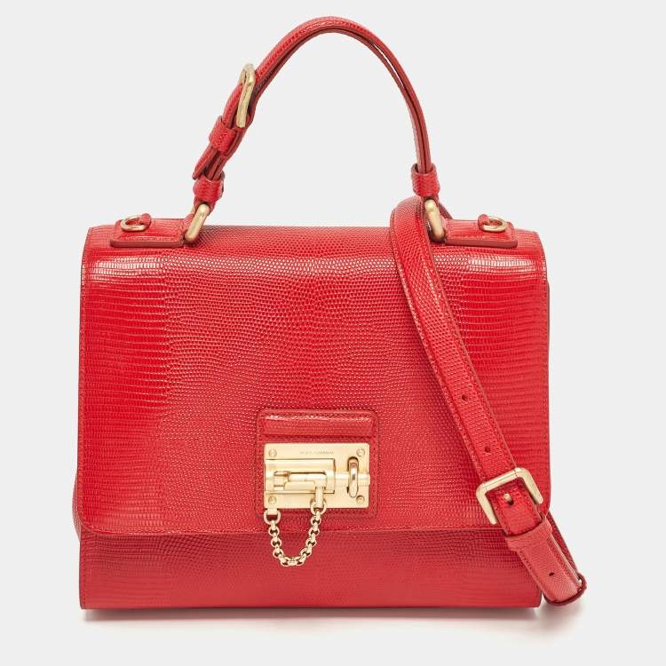 Pre Owned Dolce & Gabbana Red Lizard Embossed Leather Medium Miss Monica Top Handle Bag