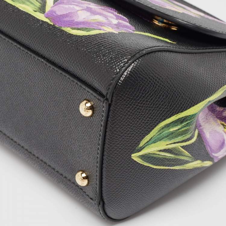 Pre Owned Dolce & Gabbana Black Leather Medium Floral Miss Sicily Top Handle Bag