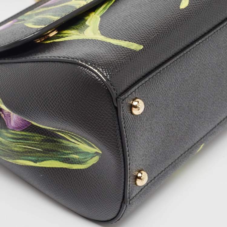 Pre Owned Dolce & Gabbana Black Leather Medium Floral Miss Sicily Top Handle Bag