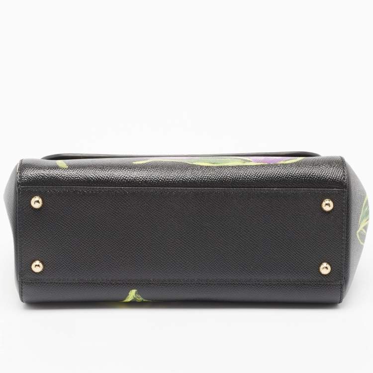 Pre Owned Dolce & Gabbana Black Leather Medium Floral Miss Sicily Top Handle Bag