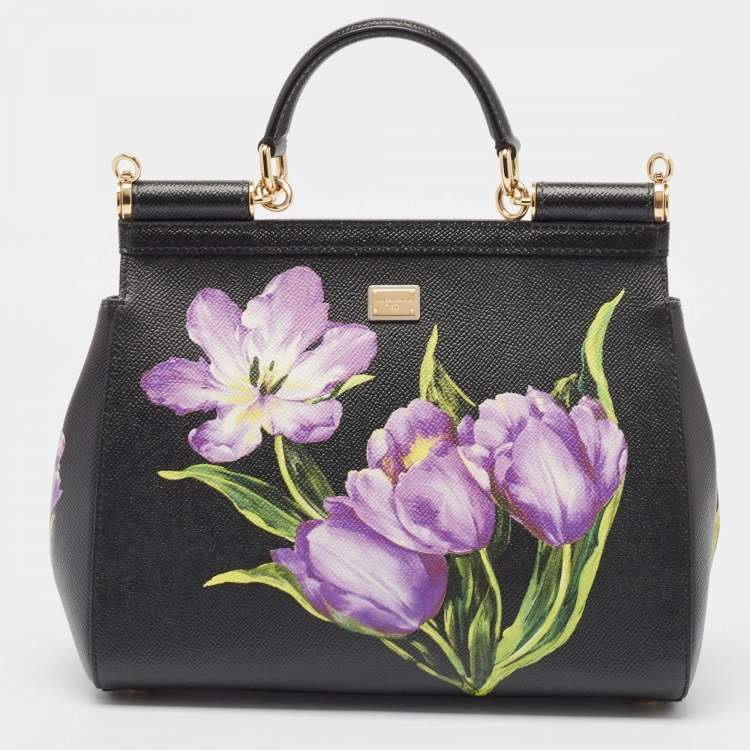 Pre Owned Dolce & Gabbana Black Leather Medium Floral Miss Sicily Top Handle Bag