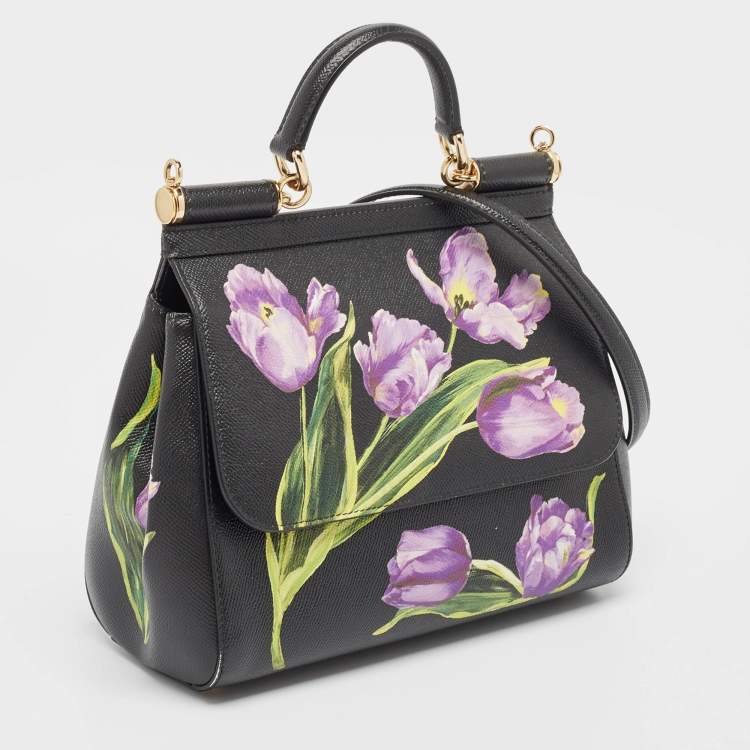 Pre Owned Dolce & Gabbana Black Leather Medium Floral Miss Sicily Top Handle Bag