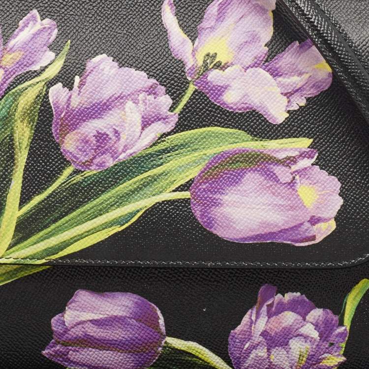 Pre Owned Dolce & Gabbana Black Leather Medium Floral Miss Sicily Top Handle Bag