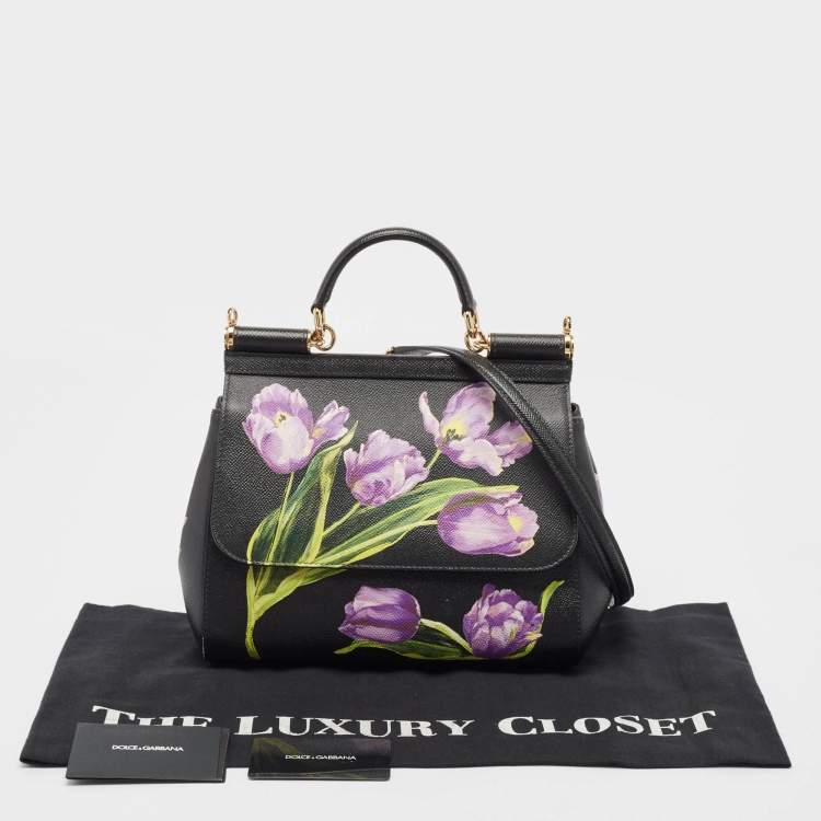 Pre Owned Dolce & Gabbana Black Leather Medium Floral Miss Sicily Top Handle Bag