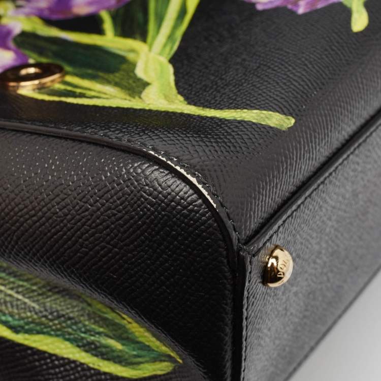 Pre Owned Dolce & Gabbana Black Leather Medium Floral Miss Sicily Top Handle Bag
