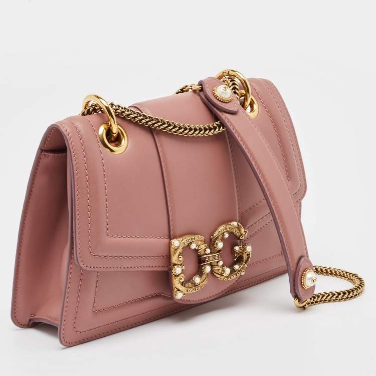 Pre Owned Dolce & Gabbana Old Rose Leather DG Amore Shoulder Bag