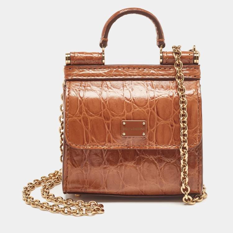 Pre Owned Dolce & Gabbana Brown Crocodile Sicily 58 Micro Bag