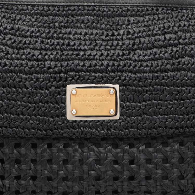 Pre Owned Dolce & Gabbana Black Leather and Raffia Miss Sicily Top Handle Bag