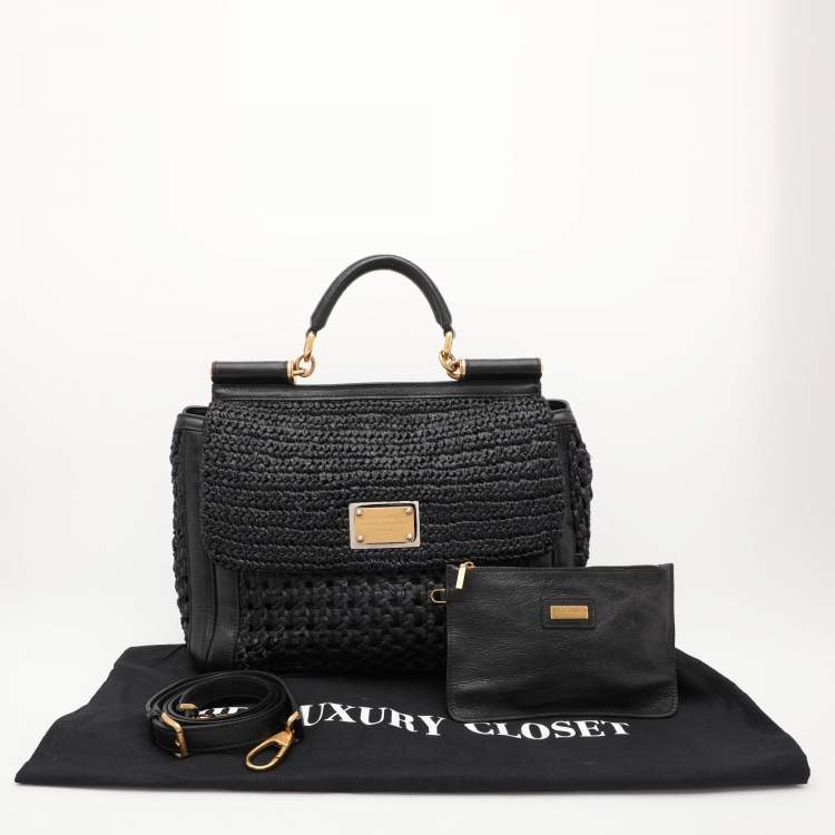 Pre Owned Dolce & Gabbana Black Leather and Raffia Miss Sicily Top Handle Bag