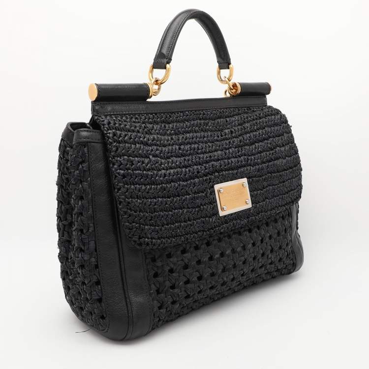 Pre Owned Dolce & Gabbana Black Leather and Raffia Miss Sicily Top Handle Bag