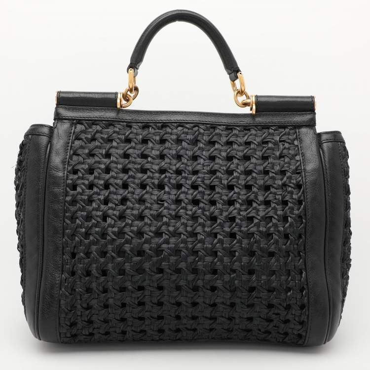 Pre Owned Dolce & Gabbana Black Leather and Raffia Miss Sicily Top Handle Bag