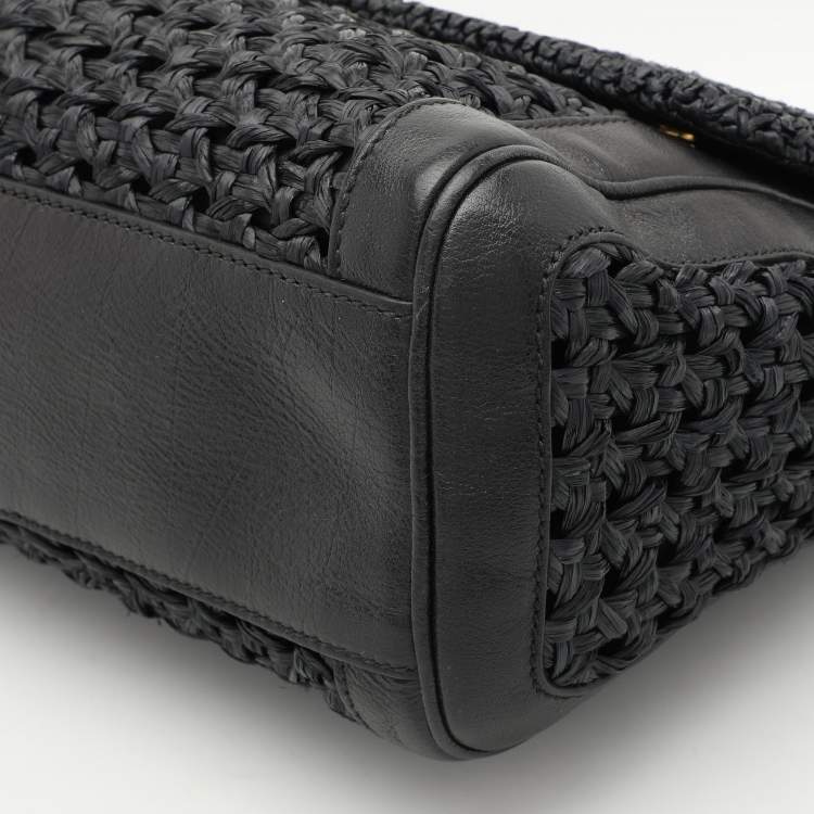 Pre Owned Dolce & Gabbana Black Leather and Raffia Miss Sicily Top Handle Bag