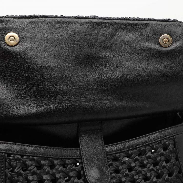 Pre Owned Dolce & Gabbana Black Leather and Raffia Miss Sicily Top Handle Bag