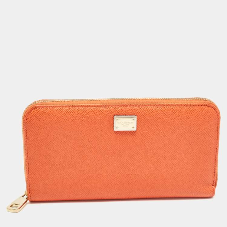 Pre Owned Dolce & Gabbana Orange Leather Zip Around Wallet