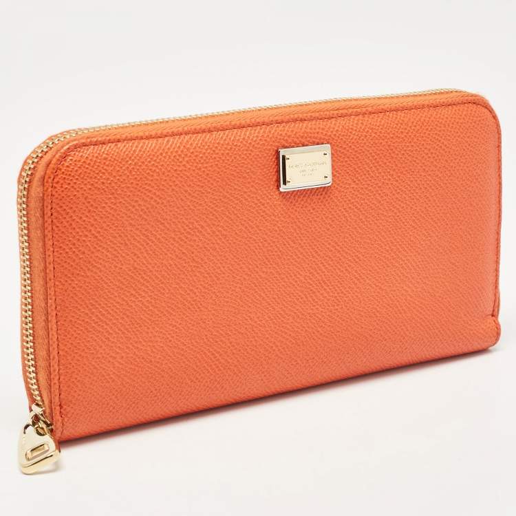 Pre Owned Dolce & Gabbana Orange Leather Zip Around Wallet