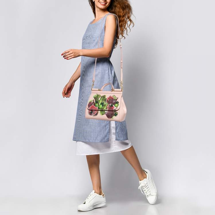 Pre Owned Dolce & Gabbana Pink Fig Print Leather Medium Embellished Sicily Top Handle Bag