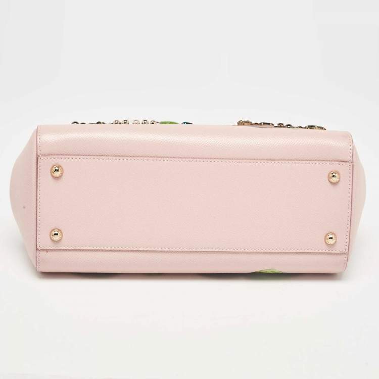 Pre Owned Dolce & Gabbana Pink Fig Print Leather Medium Embellished Sicily Top Handle Bag